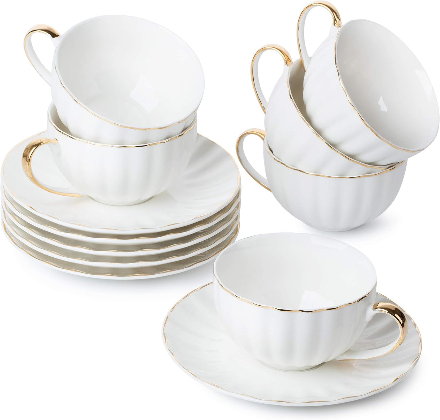 BTaT- White Tea Cups and Saucers Set of 6 (7 oz), Porcelain White Tea Cup Set with Golden Trim Design, Dishwasher Safe