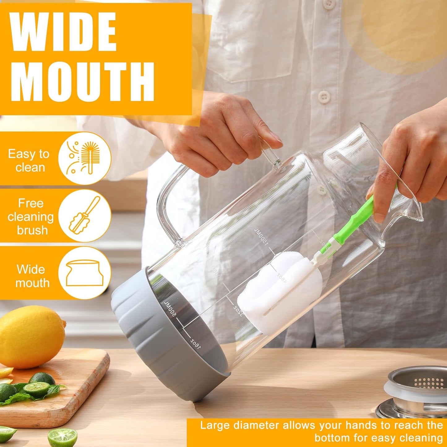 Honeydak 2 Pack Glass Pitcher with Lid, 68 oz 2 Liter Water Pitcher with Silicone Base, Spout and Handle Large Ice Tea Carafe for Fridge, Anti-slip Glass Water Jug for Drinks Tea Coffee Milk Beverage