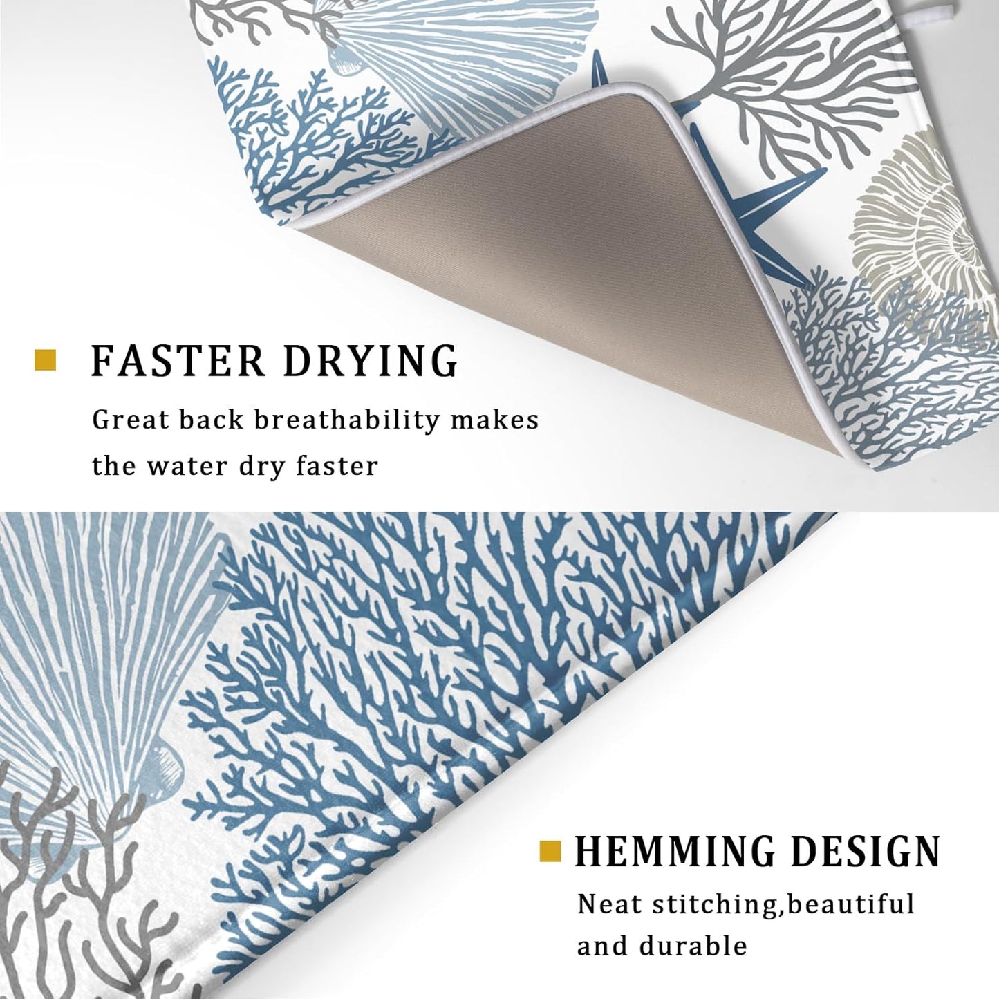 Summer Coastal Dish Drying Mats for Kitchen Counter 16x18 Inch Sea Shells Starfish Drying Mat High Absorbent Reversible Kitchen Mat Blue Coral Ocean Themed Dishes Pad for Countertop Tableware Decor