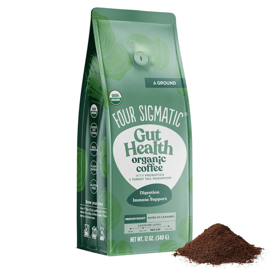 Four Sigmatic Gut Health Organic Ground Coffee | Medium Roast, Immune Boosting Probiotic Mushroom Coffee with Chaga & Turkey Tail for Gut Health & Immune Support | 12oz Bag