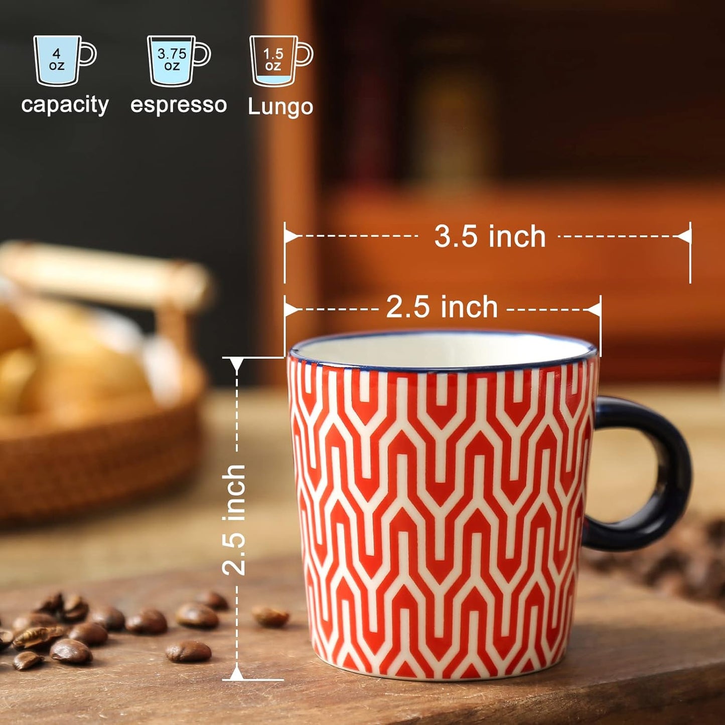 KitchenTour Porcelain Espresso Cups 4 ounce set of 4 for Coffee Machine - Ceramic Demitasse Cups for Latte,Turkish Coffee, Nespresso Lungo, Cappuccino, Tea - Small Shot Mug Bohemia Style