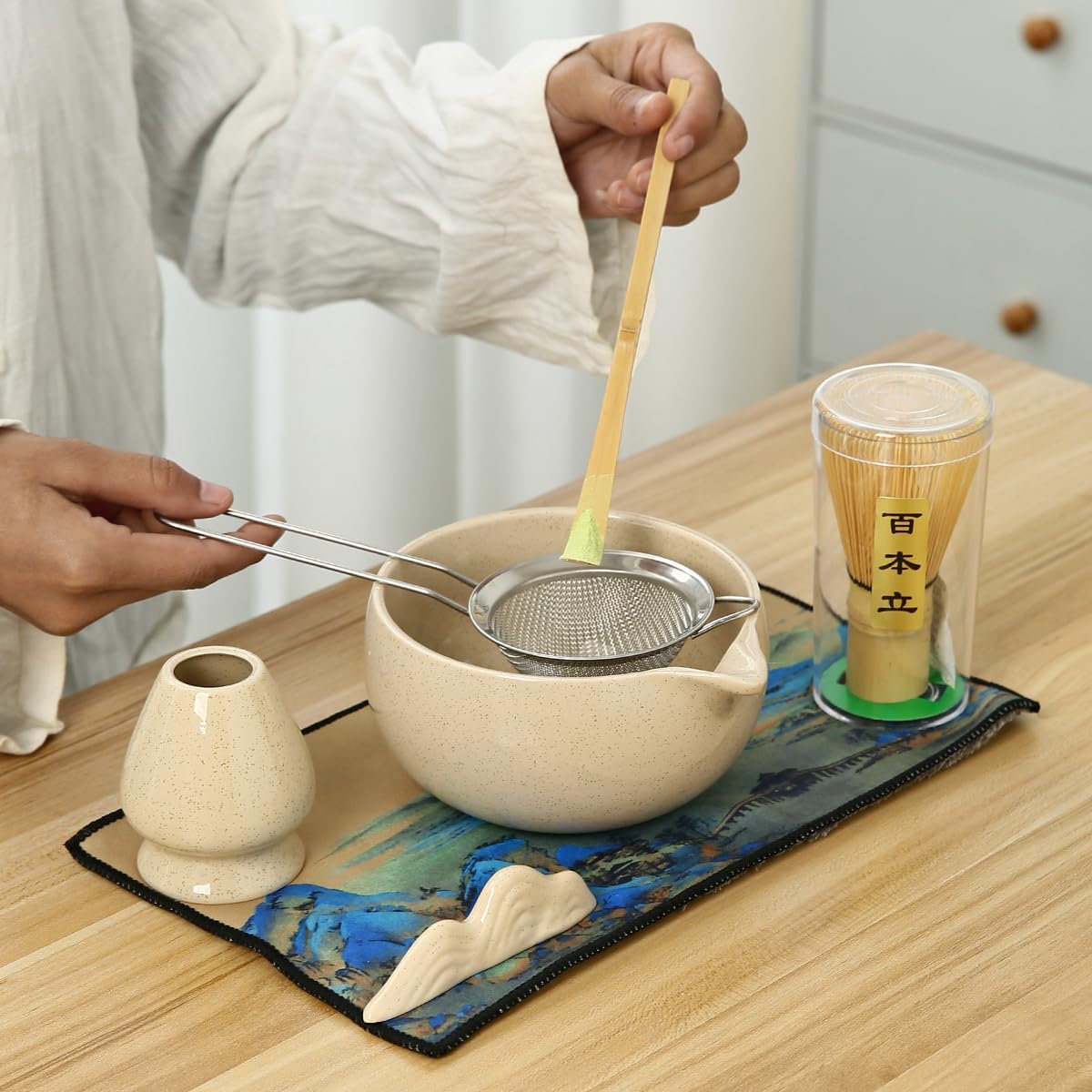 Matcha Set, 7 Pieces, Matcha Bowl with Spout, Whisk, Holder, Bamboo Scoop, Stainless Steel Sifter