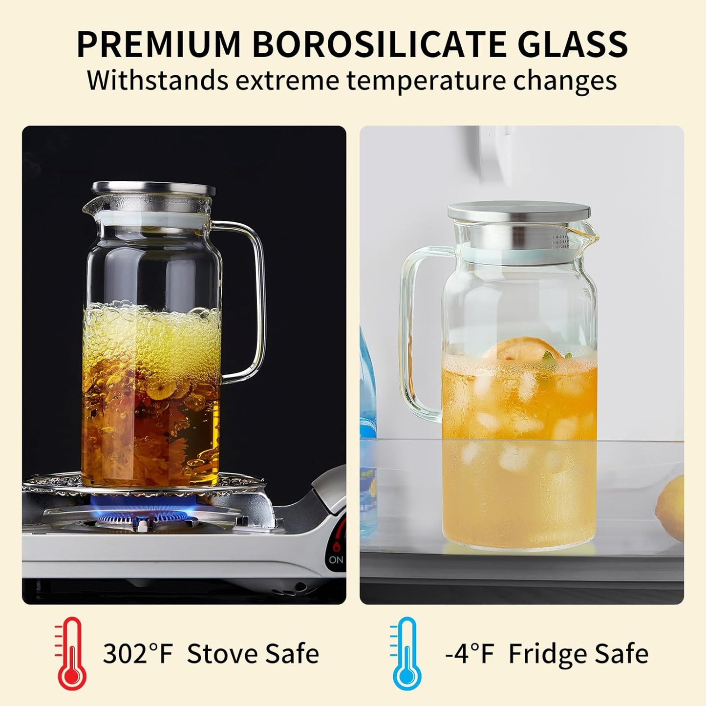 53OZ Glass Pitcher with Lid and Spout, Water Jug, 1580ml Carafe for Hot/Cold Water, Large Iced Tea Pitcher for Coffee, Juice and Homemade Beverage