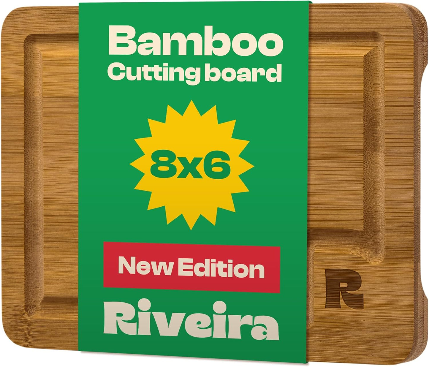 Riveira Brown Bamboo Wood Cutting Board – Gourmet Bamboo Grandeur: 8 x 6 Wooden Cutting Board – Wooden Cutting Boards For Kitchen Decorative – Innovative Juice Grooves Wooden Chopping Board