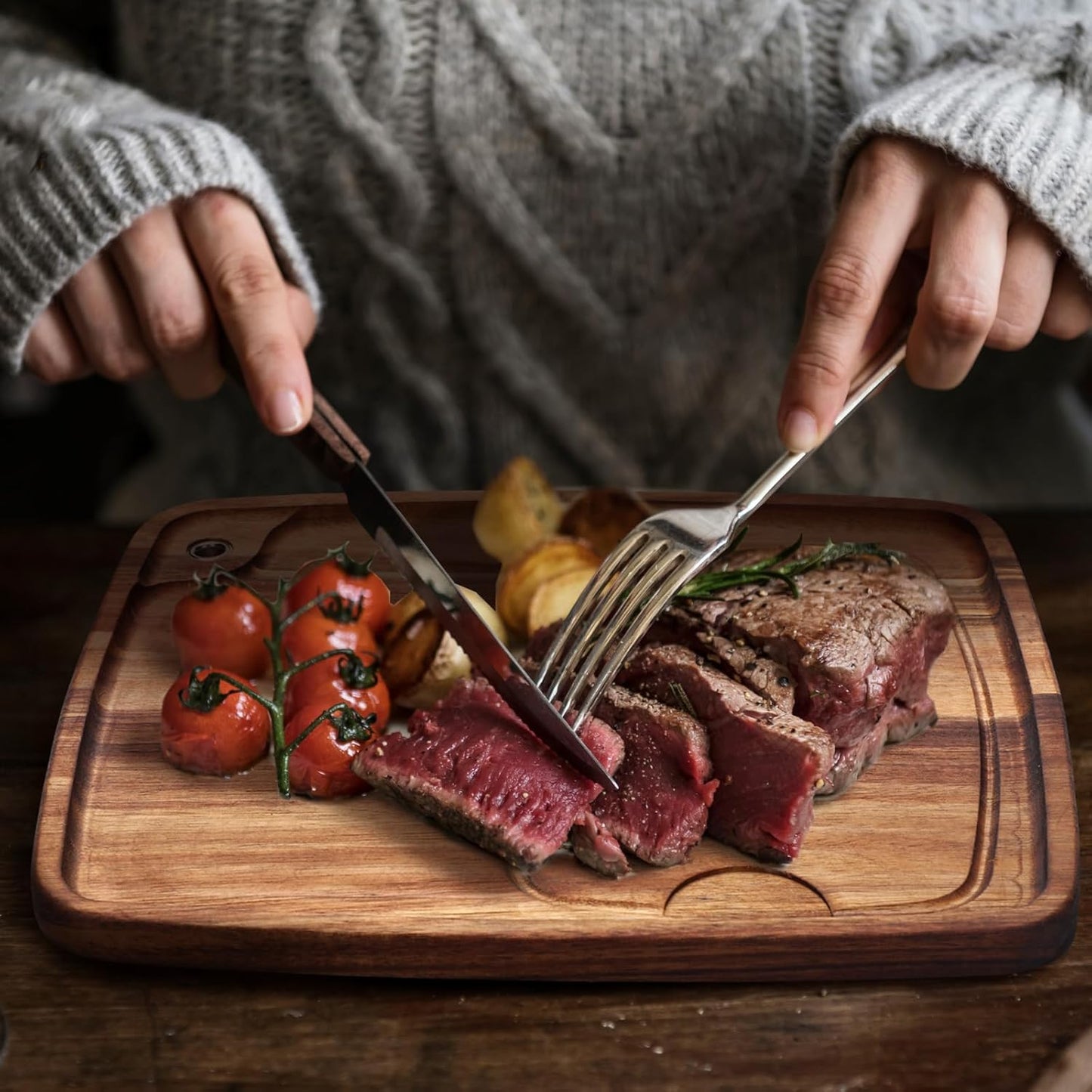 Uiifan 6 Pcs Steak Plates with Juice Channel Wooden Steak Board Set Acacia Cutting Serving Board for Home Serving Eating Meat Dishes Snack Dessert, 13 x 11 x 0.6 Inch