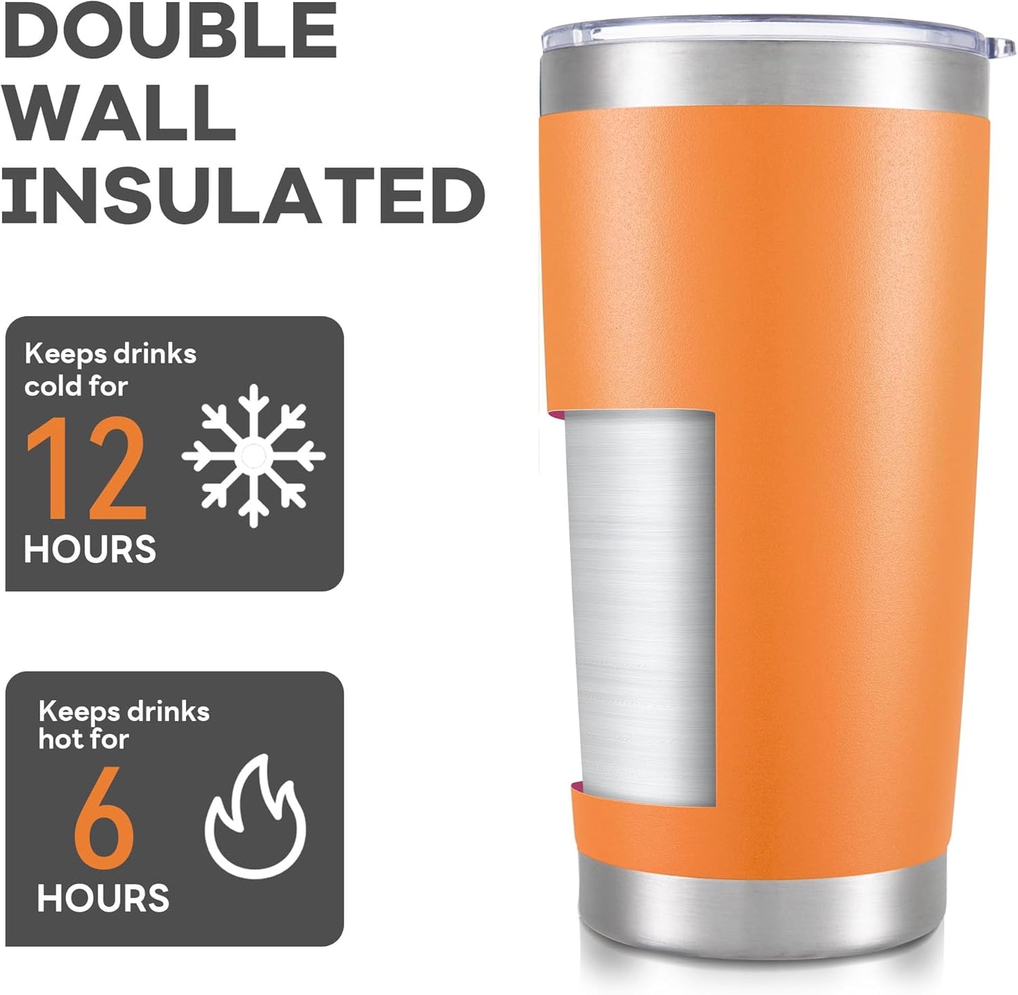 20 oz Tumbler with Lid Stainless Steel Insulated Tumblers Bulk Double Wall Vacuum Cups Powder Coated Travel Mug Keep Drinks Cold and Hot, Orange, 12 Pack
