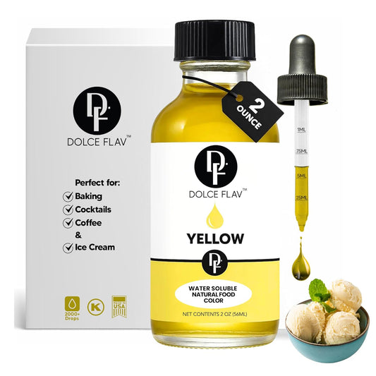 Dolce Flav Natural Yellow Food Coloring – 2 oz Bright Plant-Based Color from Curcumin | Water-Soluble Liquid Color for Baking, Drinks & Frostings | Graduated Dropper Included | | Kosher | No Artificial Dyes | Made in USA