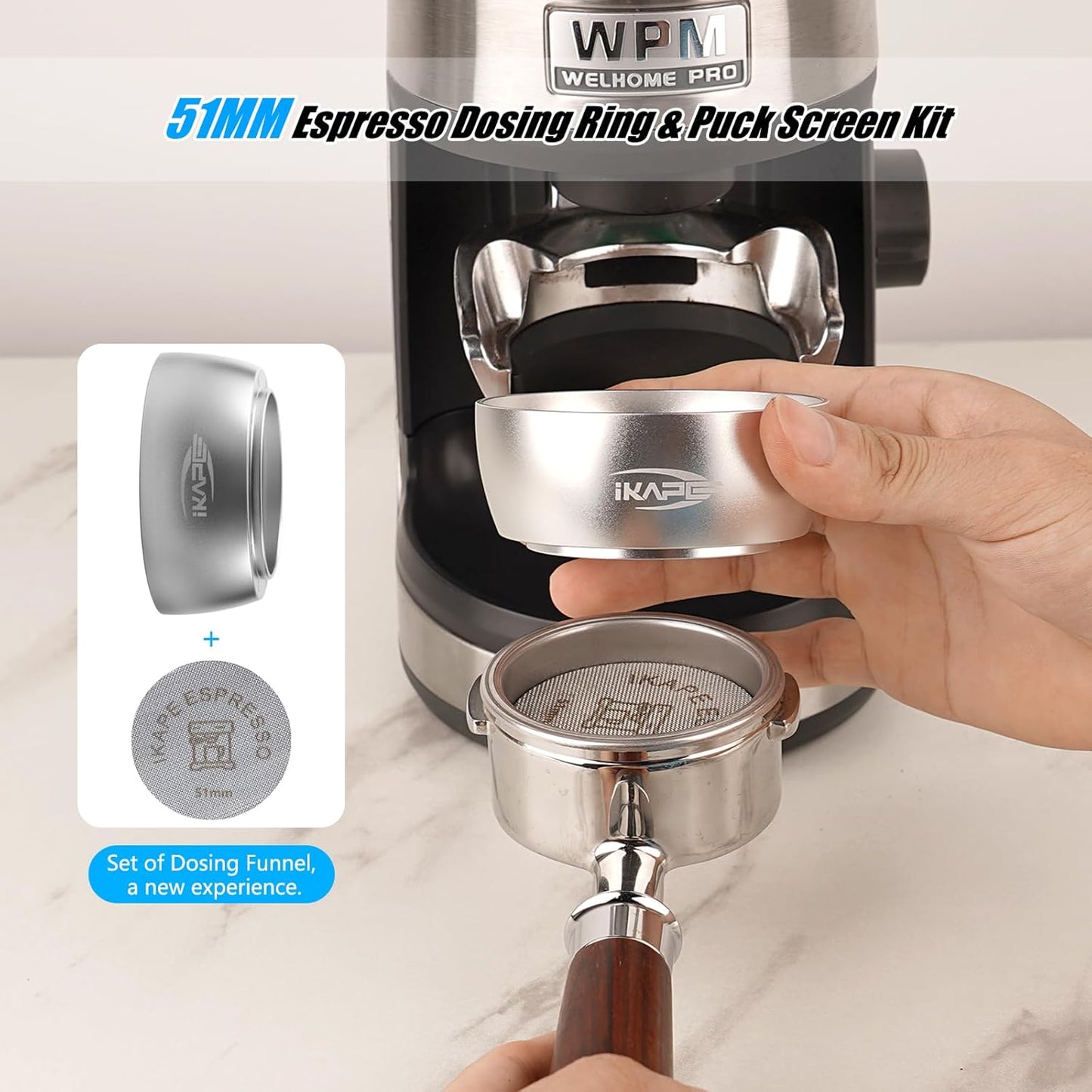 IKAPE Magnetic Dosing Funnel Set, 51MM Espresso Dosing Ring & Puck Screen Kit Compatible with Delonghi 51MM Bottomless Portafilter - with 8 Small Magnet (Silver)