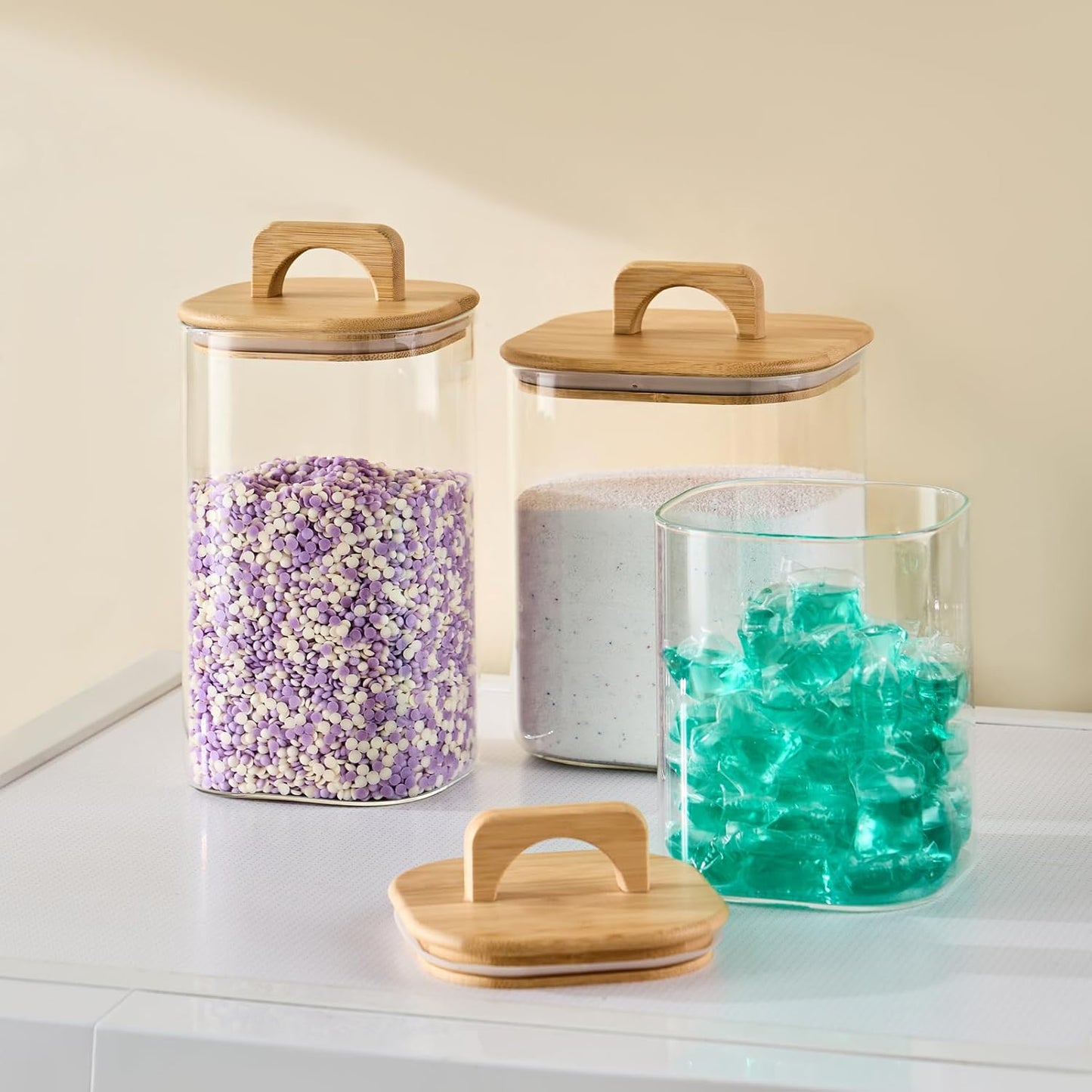 Sweejar 3 qt Glass Jars for Laundry Room Organization, 96 oz Laundry Pods Container, Glass Food Storage Jars with Airtight Lid, 1 Pack, Hand Lid