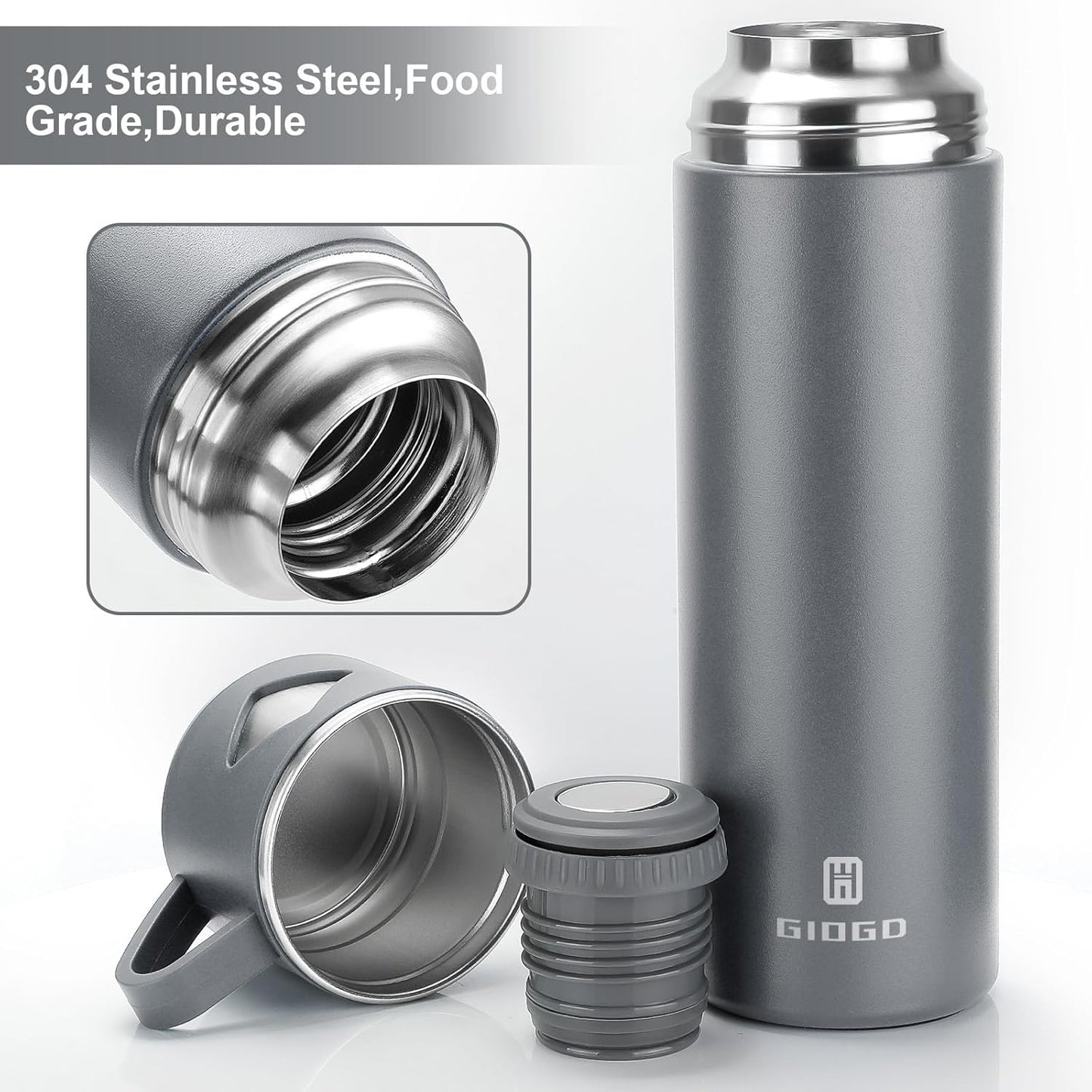 Stainless Steel Thermo 700ml/23.7oz Vacuum Insulated Bottle with Cup for Coffee Hot drink and Cold drink water flask.(Gray,Set)