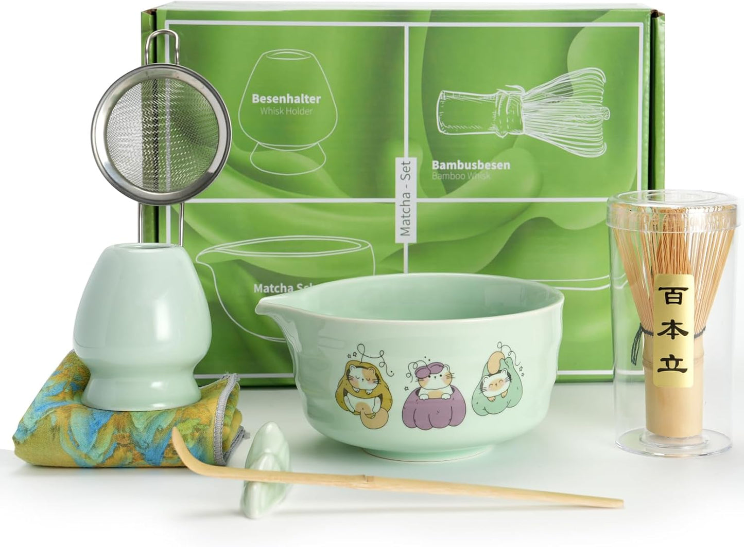 Matcha Whisk Set, 7 Pcs Japanese Matcha Kit with Ceramic Cat Print Bowl-430ml/15oz, Bamboo Whisk & Holder, Scoop, Scoop Rest, Sifter & Tea Towel, Complete Matcha Tea Set for Beginners-Green