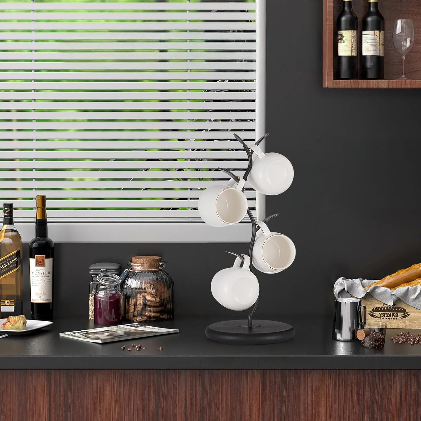 Mug Holder, Countertop Mug Tree, Coffee Mugs & Tea Cup Storage Rack, Coffee Counter Bar Accessory & Kitchen Organizer (Midnight Black)