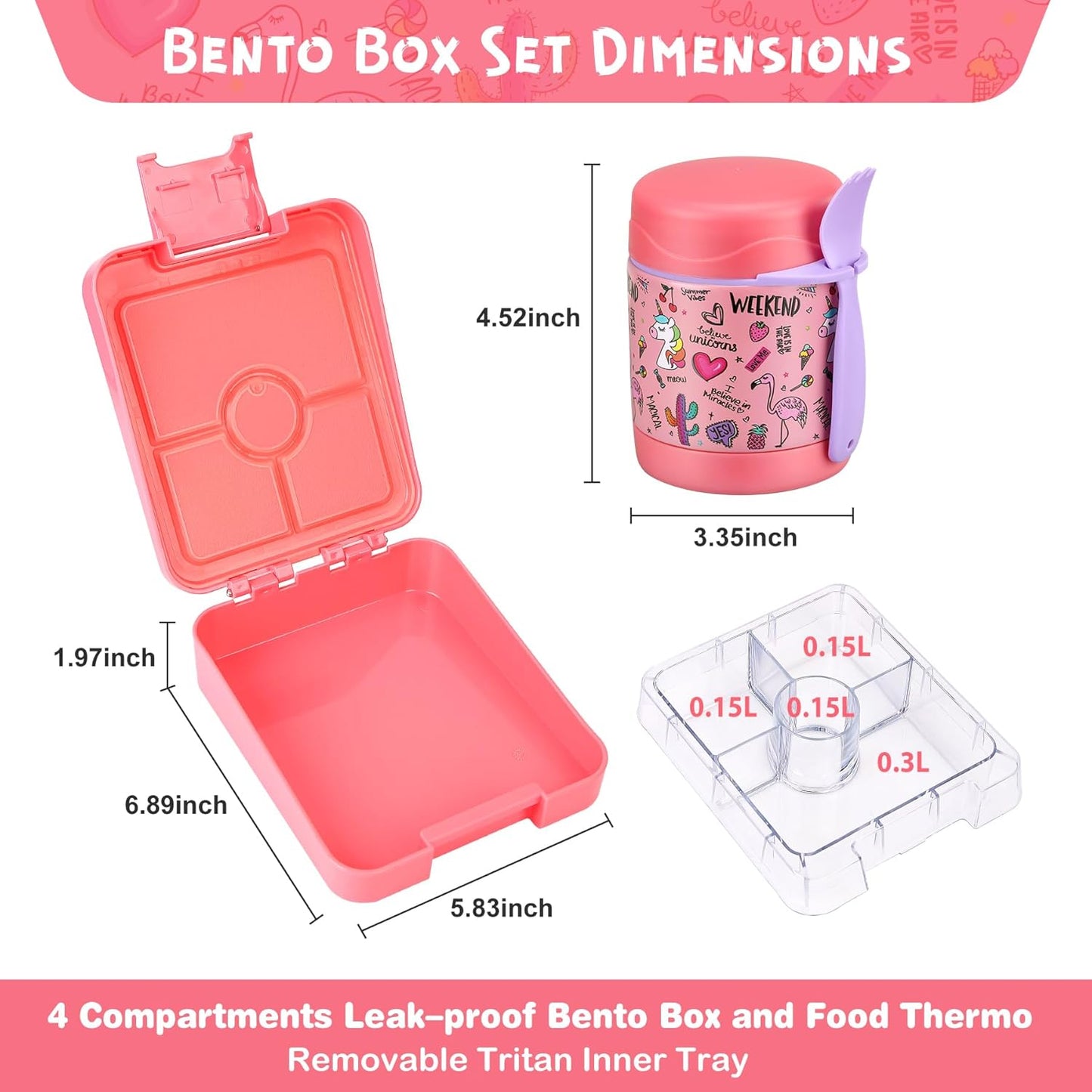 Bento Lunch Box Set With 10oz Soup Thermo, Leak-proof Lunch Containers with 4 Compartment, Kids Hot Thermo Food Jar/Insulation Lunch Bag, Food Containers for School（Flamingo）