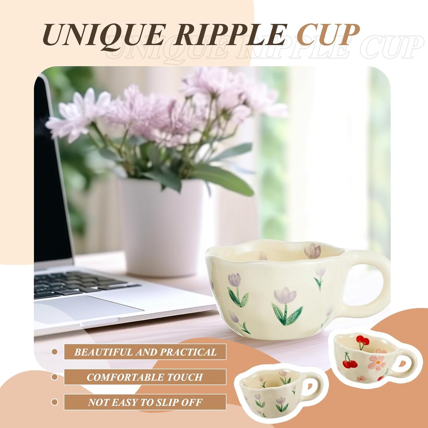Vesici 2 Pcs Ceramic Coffee Mugs Flower Cups with Spoon Vintage Floral Mugs with Handle 8.5 oz Aesthetic Tea Porcelain Cup Gift for Valentine Office Home, Dishwasher and Microwave Safe(Cute)