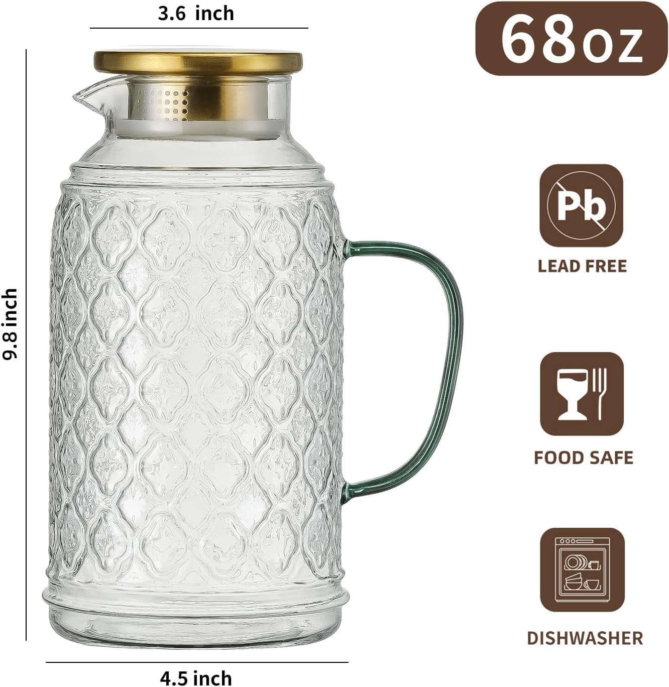 Glass Pitcher with Lid, 68 oz/2 Liter Vintage Water Pitcher, Clear Borosilicate Glass Water Carafe for Cold Brew, Coffee, Lemonade, Iced Tea, Juice, Beverage, Heat Resistant Water Glass Jug