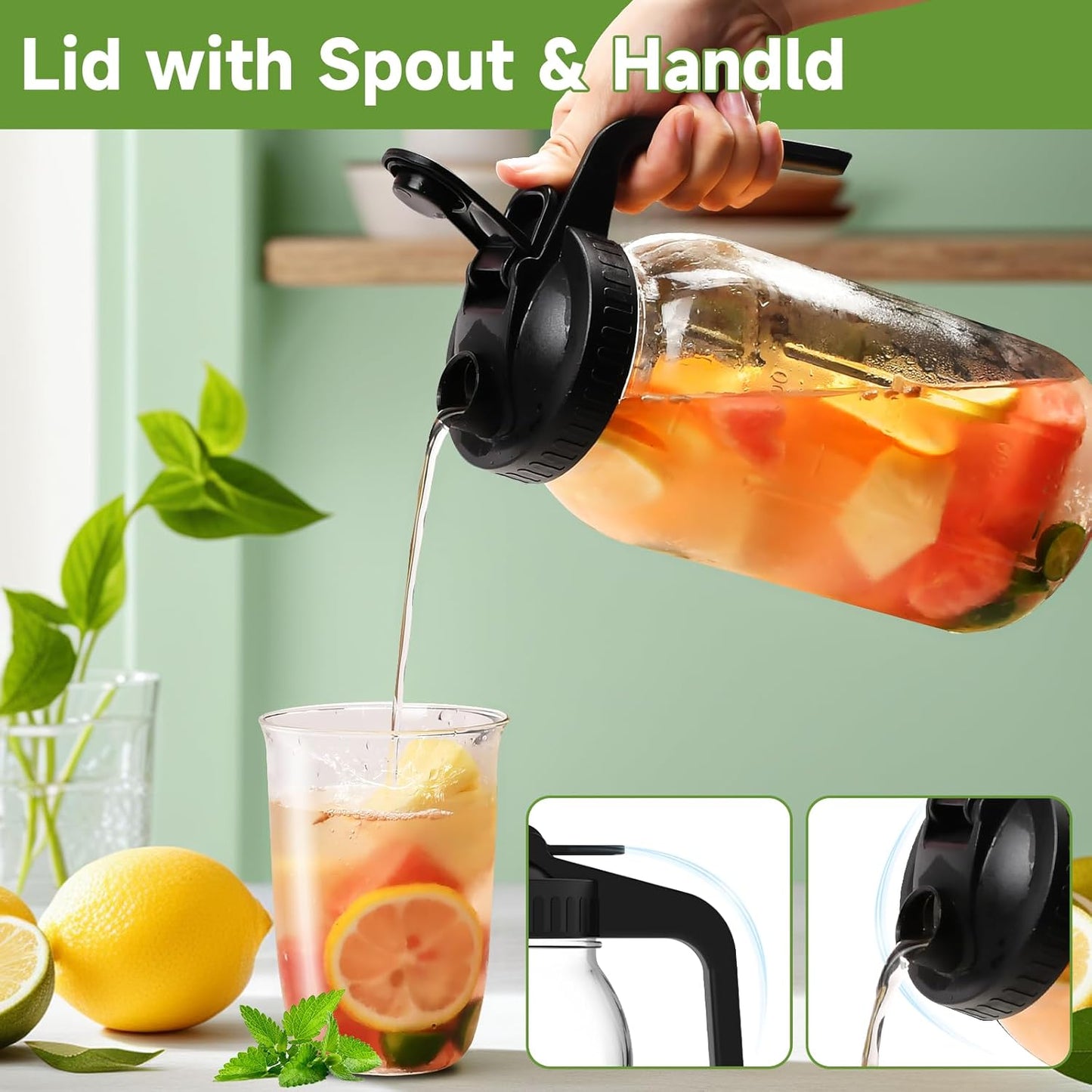 2-Pack 64oz Glass Mason Jar Pitchers with Leak-Proof Lids and Handles – Wide Mouth Design for Sun Tea, Cold Brew, Lemonade, Juice, Iced Tea, and Water