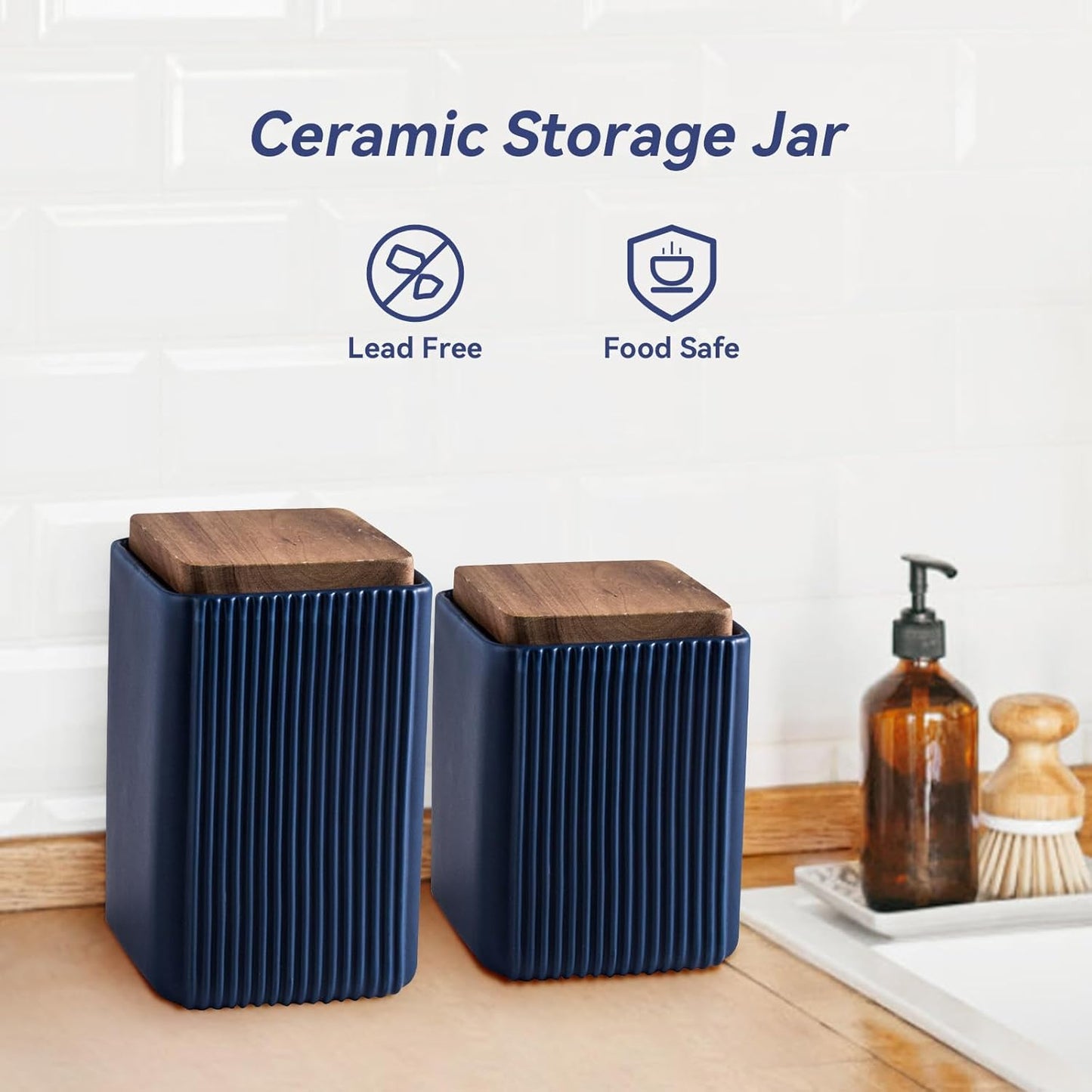 Ceramic Storage Jars Modern Elegant Highly Polished Airtight Storage Canisters with Lid Whiteware Food Stroage Jar for Kitchen Spice Tea Vanilla Sugar Coffee Beans (Blue-750ML)