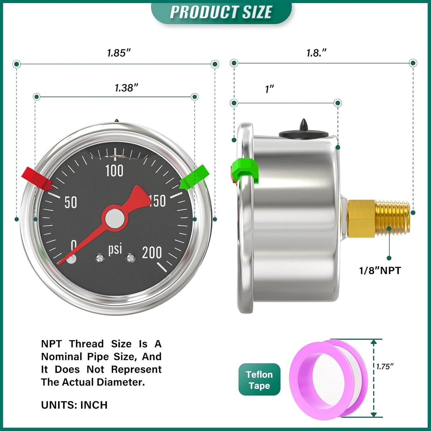 0-200PSI Stainless Steel Glycerin Filled Pressure Gauge 1.5" Black Dial Size, 1/8" NPT Back Mount, for Tube, Water Pump, Gas, Liquid, Pressure Test (with Range Mark Pointer)