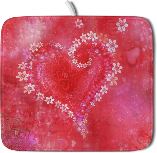 Valentines Day Dish Drying Mat for Kitchen Counter Red Heart Flower Decor Drying Mat 16 x 18 Inch with Absorbent Reversible Microfiber Dish Drying Pad Dish Rack Drainer Mat for Coffee Bar