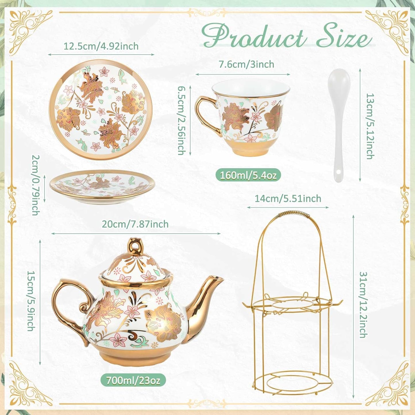 Zhehao 20 Pcs Porcelain Tea Set with Metal Holder and Spoon Adult Ceramic Tea Party Set European Flower Painting Teapot Cup Saucer Spoon Set for Women, Large Version(Elegant Style)