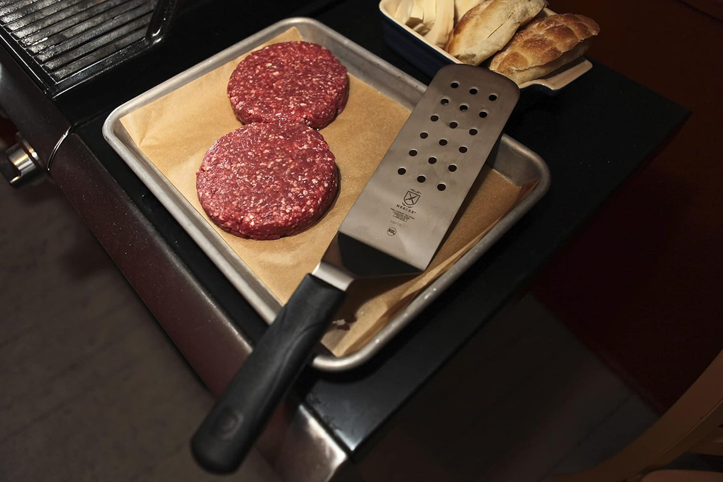 Mercer Culinary Millennia Perforated Turner/Spatula, 8-Inch x 3-Inch Blade, Black Handle