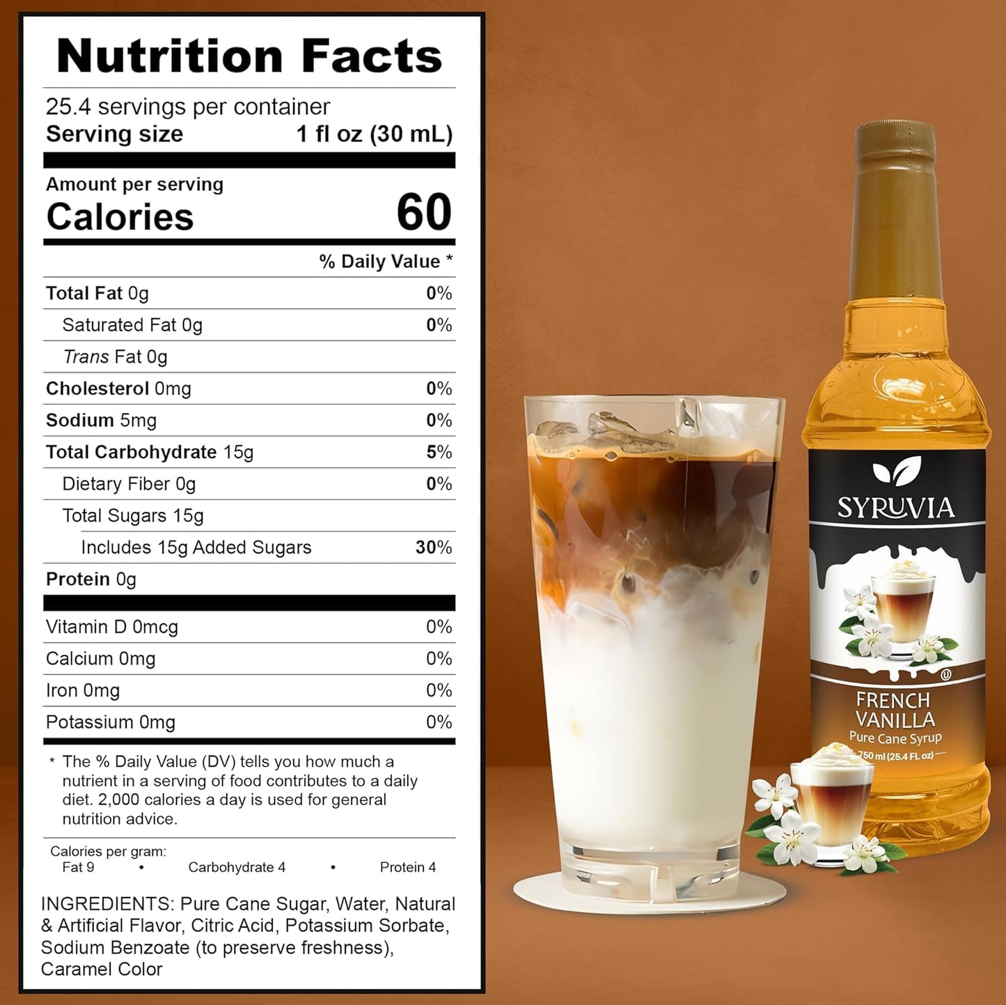 Syruvia French Vanilla Coffee Syrup - 25.4 fl oz. Premium Coffee Flavoring Syrup. Kosher, and Gluten-Free. Perfect for enhancing drinks, sodas, shakes, desserts, and more.