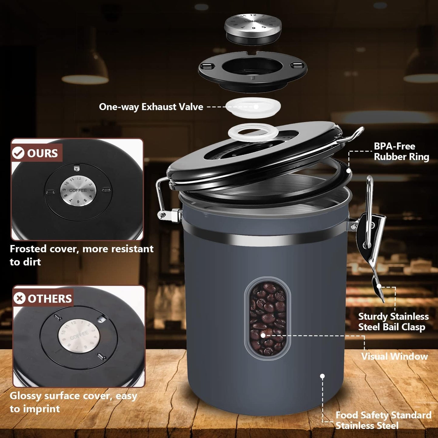 ROCKY&CHAO 2800ML Coffee Canister with Date Tracker&Transparent Window, 35OZ Coffee Container with 30ML Measure Spoon&4 co2 Valve, Coffee Bean Storage Container for Grounds Coffee, Beans, Tea(Gray)