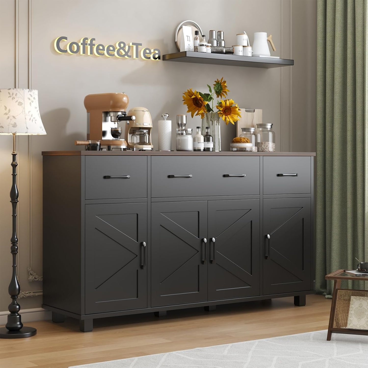 55" Sideboard Buffet Cabinet with Storage, Coffee Bar Cabinet with 3 Drawers and 4 Barn Doors, Long Storage Cabinet Modern Farmhouse, Black Wood, for Kitchen, Dining Room, Living Room