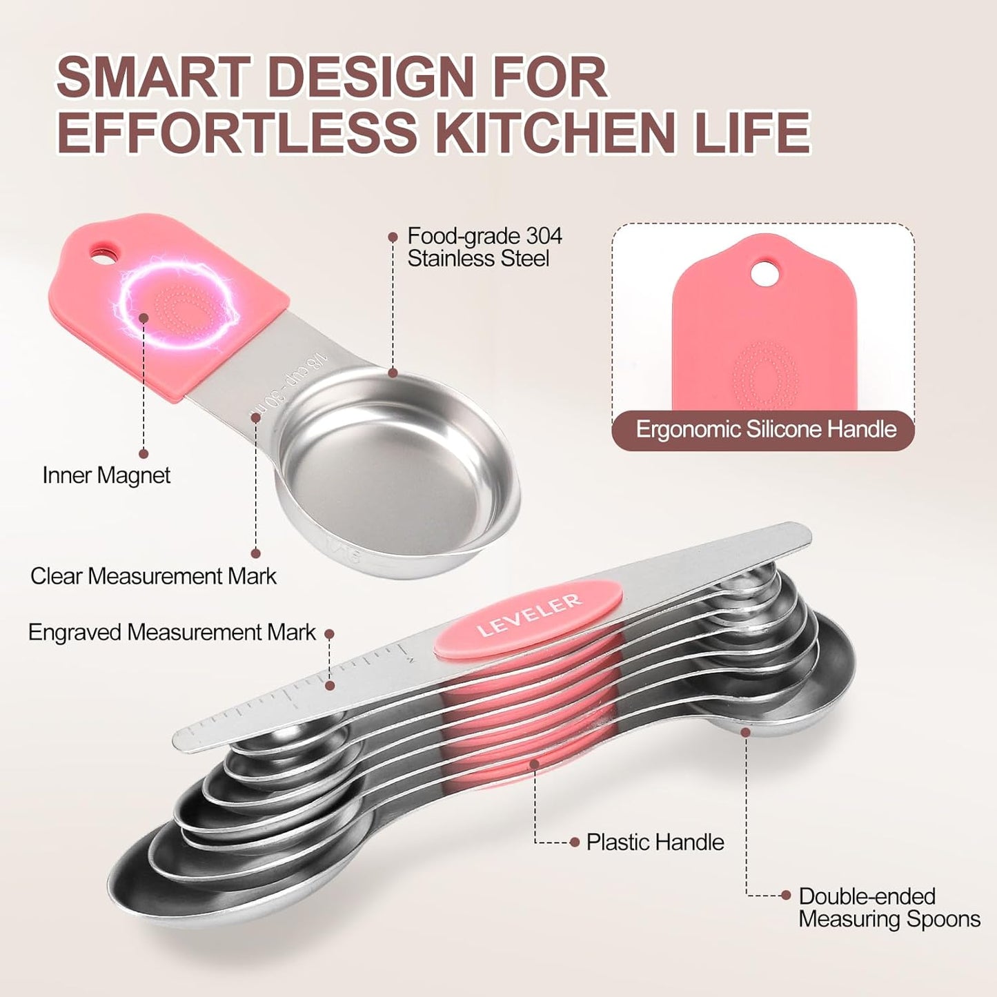 15-Piece Stainless Steel Measuring Cups and Spoons Set, Strong Magnetic Nesting Design 7 Cups 7 Spoons with Leveler, Double Measurement Markings for Dry & Liquid Ingredients, Pink & Colorful