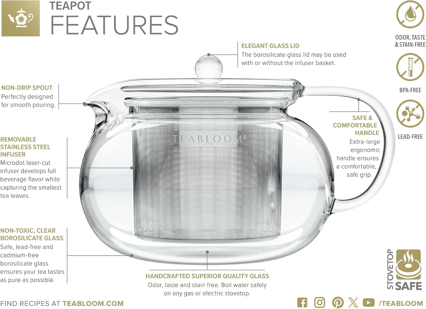 Teabloom Kyoto 2-in-1 Tea Kettle/Tea Maker – Heatproof Glass Teapot with Removable Loose Tea Filter – Tea Connoisseur's Choice