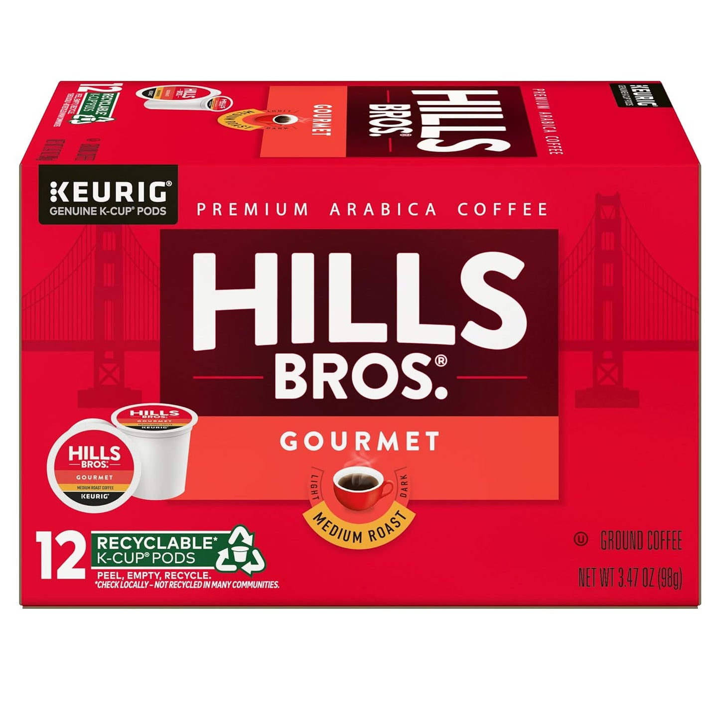Hills Bros. Gourmet Blend Keurig K-Cup Pods for Keurig Brewers – Medium Roast Premium Arabica Blend, Kosher – 1 Pack of 12 Single Serve Pods