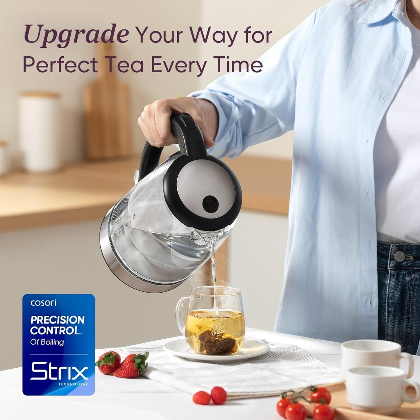 Cosori Electric Kettle, No Plastic Filter & Spout, 1.7L Tea Kettle & Hot Water Boiler For Coffee & Tea, Water Heater & Teapot, Automatic Shut Off, Borosilicate glass, Black, 1500W