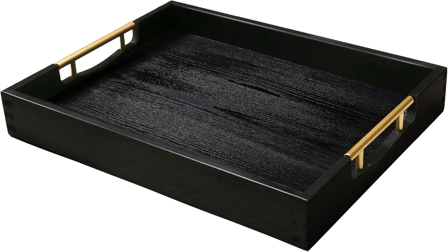 LotFancy Wood Serving Tray, 17x13”, Large Ottoman Tray with Metal Handles, Decorative Wooden Tray for Living Room, Ottoman, Coffee Table, 2 Skidproof Coasters Included, Black