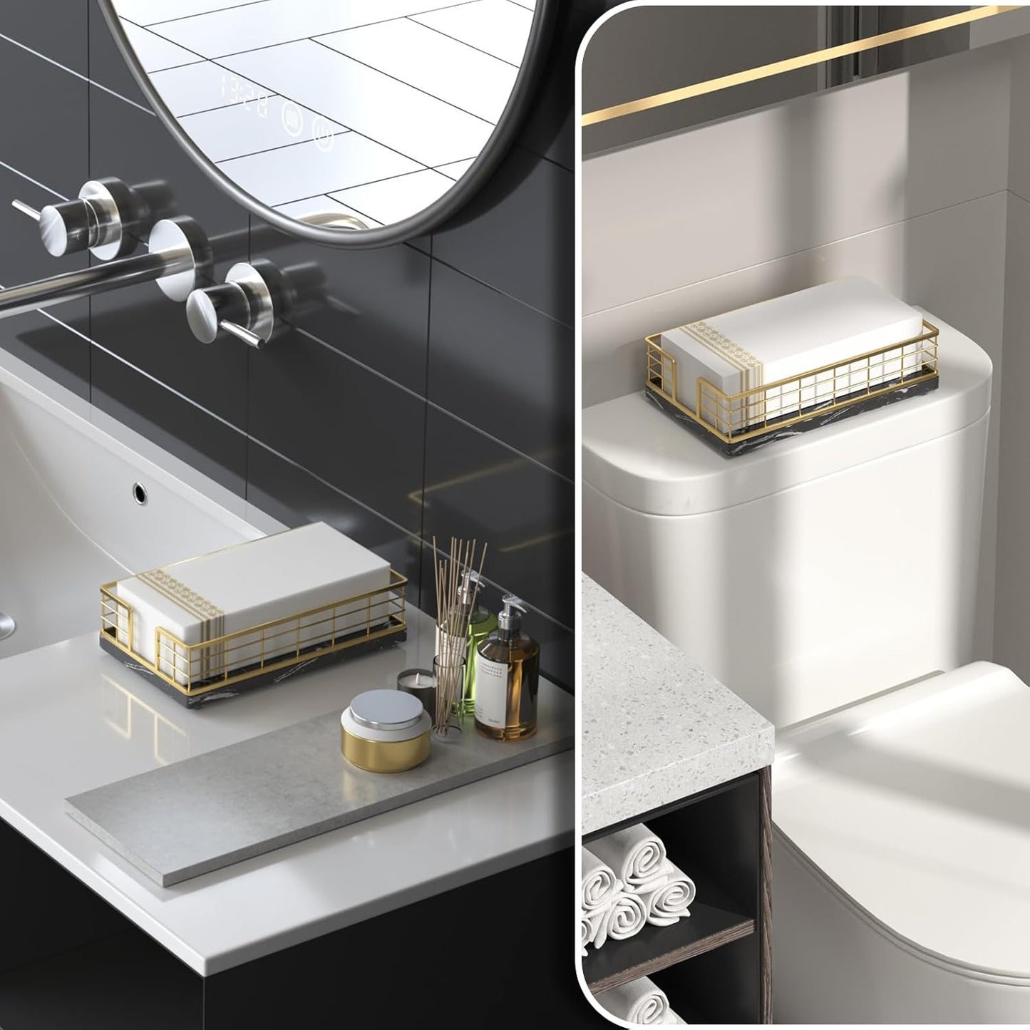 Wican Marble Guest Towel Holder Tray for Bathroom, Napkins Holder for Powder Room Dinning Table Wooden Basket for Disposable Paper Hand Towels Gold and Marble Black