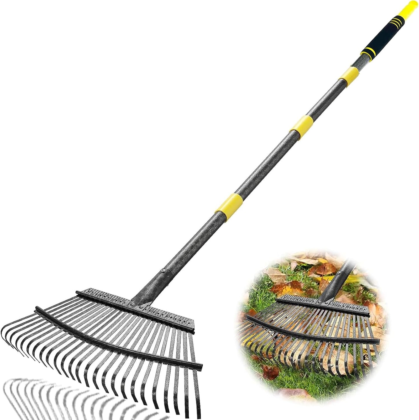 Garden Leaf Rakes, 6FT Rake for Lawns Heavy Duty 25 Metal Tines 18.5 inch Wide, Adjustable Steel Handle, Rakes for Leaves, Gathering Shrub, Grass, Flower Beds
