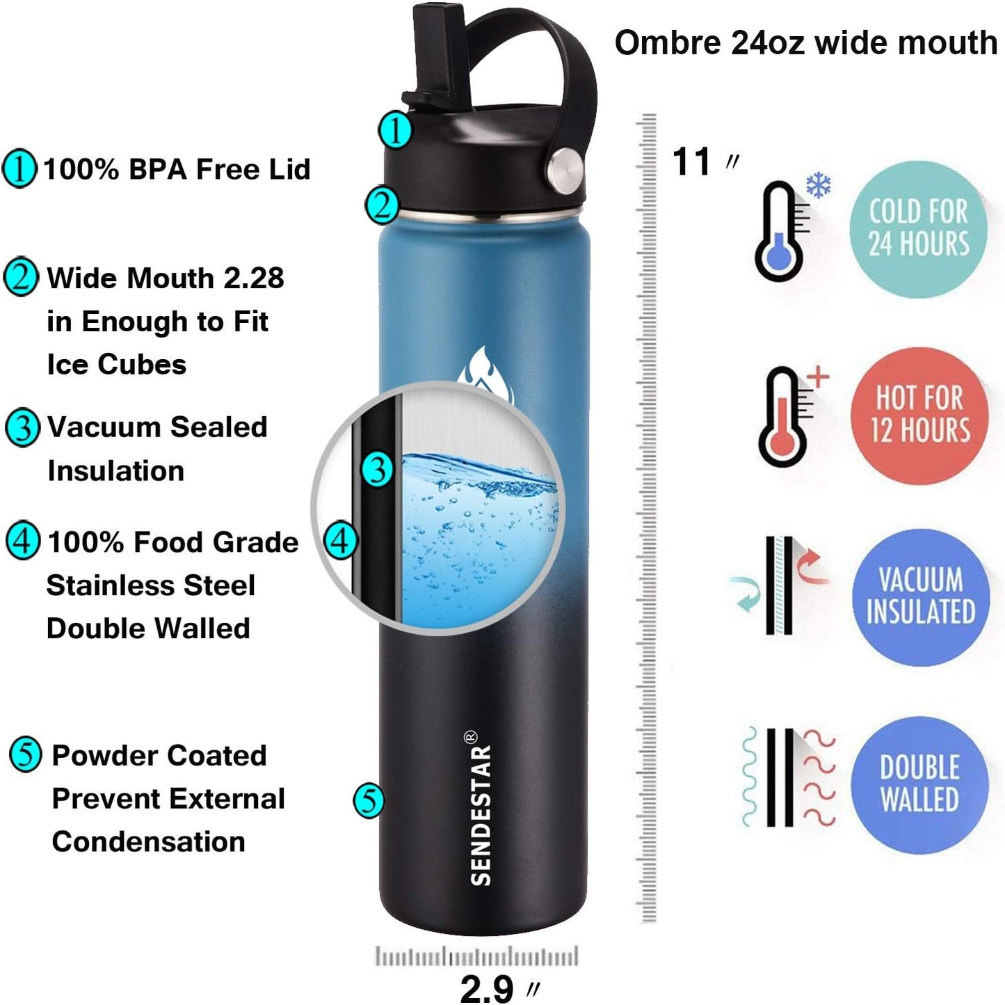 SENDESTAR Water Bottle 24oz Double Wall Vacuum Insulated Leak Proof Stainless Steel Sports Water Bottle—Wide Mouth with New Flex Straw Lid & Spout Lid (Deep Blue&Black)