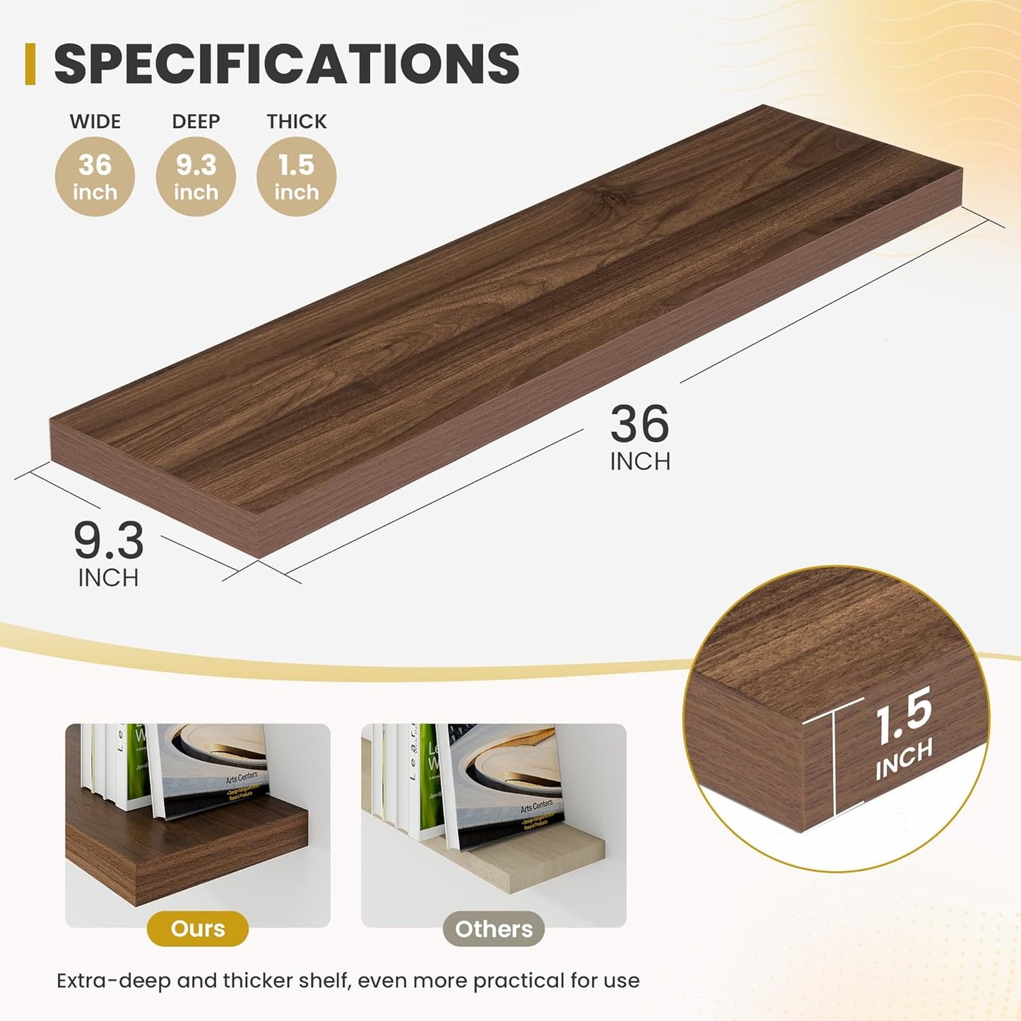 36 Inch Floating Shelves, 9.3" Deep Floating Shelf Wall Mounted, 36" Wall Shelves, Rustic Deep Bookshelf, Large Display Shelves & Storage Shelves for Bedroom, Living Room, Walnut, Set of 2