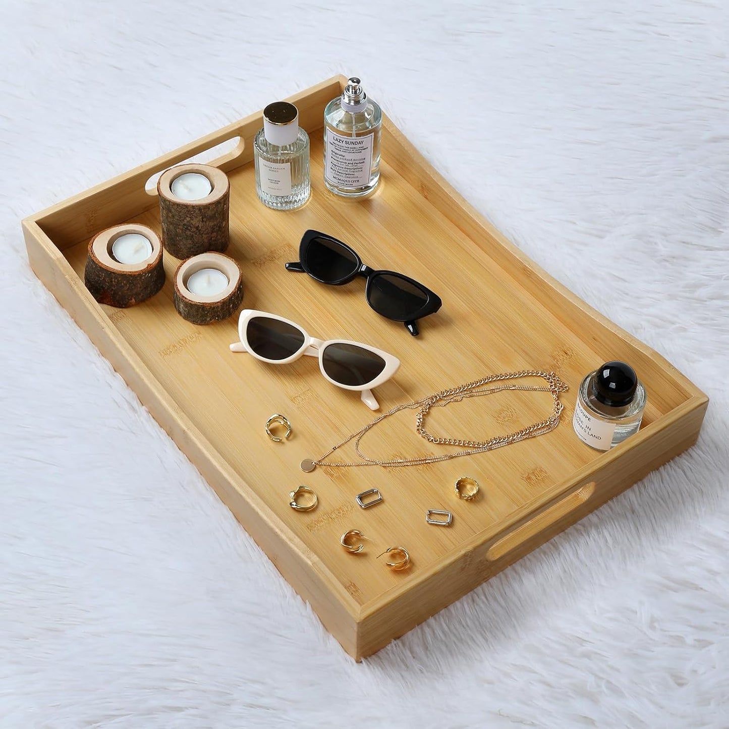 Gobam Bamboo Serving Tray with Handles, 19.7 x 13.8 inch Rectangular Decorative Tray for Entryway, Kitchen, Dining & Living Room, Large Wooden Breakfast Trays for Bed, Coffee Table & Ottoman