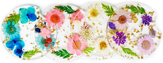 Dried Flower Coasters 4PCS, Resin Drink Coasters with Finger Notch, Reusable Cup Mats for Desk Protection Car and Home Decor