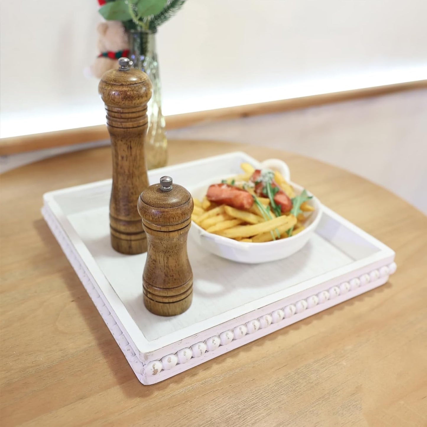 Square Wood Decorative Serving Tray, Rustic Coffee Table Tray for Ottoman,Kitchen Counter Organizer, Bedroom, Home Decor(Whitewashed)