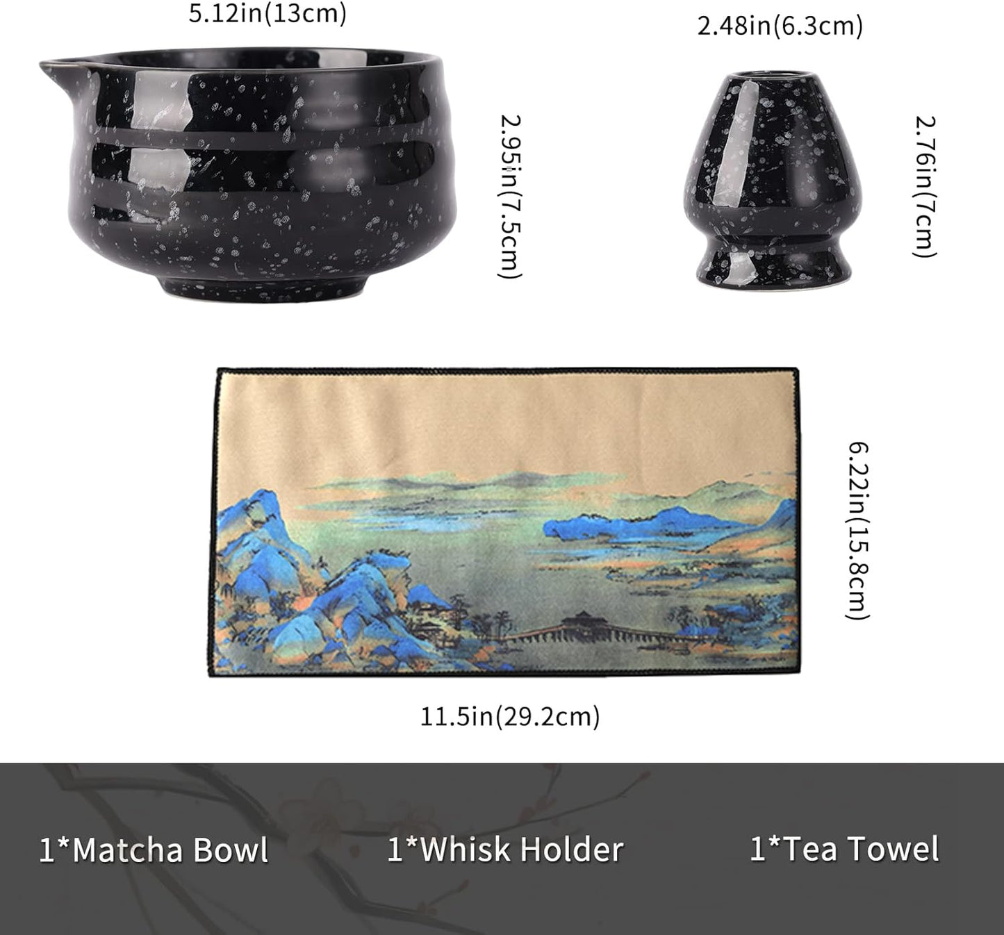 Japanese Ceramic Matcha Bowl - 16oz Speckle Glaze Chawan & Whisk Stand for Perfect Froth, Dishwasher Safe Black