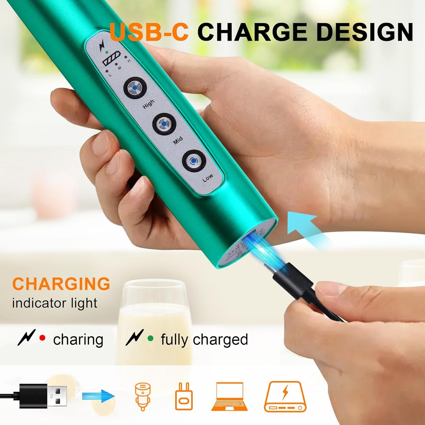 YUSWKO Turquoise Handheld Milk Frother Wand for Coffee, Rechargeable Electric Whisk with 3 Heads 3 Speeds Drink Mixer Coffee Frother For Latte, Cappuccino, Hot Chocolate, Egg
