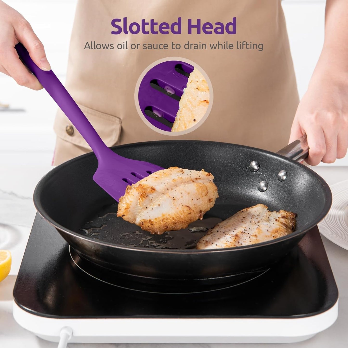 600ºF Heat Resistant Silicone Turners: U-Taste 13.6in Long Solid & Slotted Kitchen Spatula Flipper, Large Flexible Cooking Utensil for Flipping Egg, Pancake in Nonstick Cookware(Purple, 2PCS)