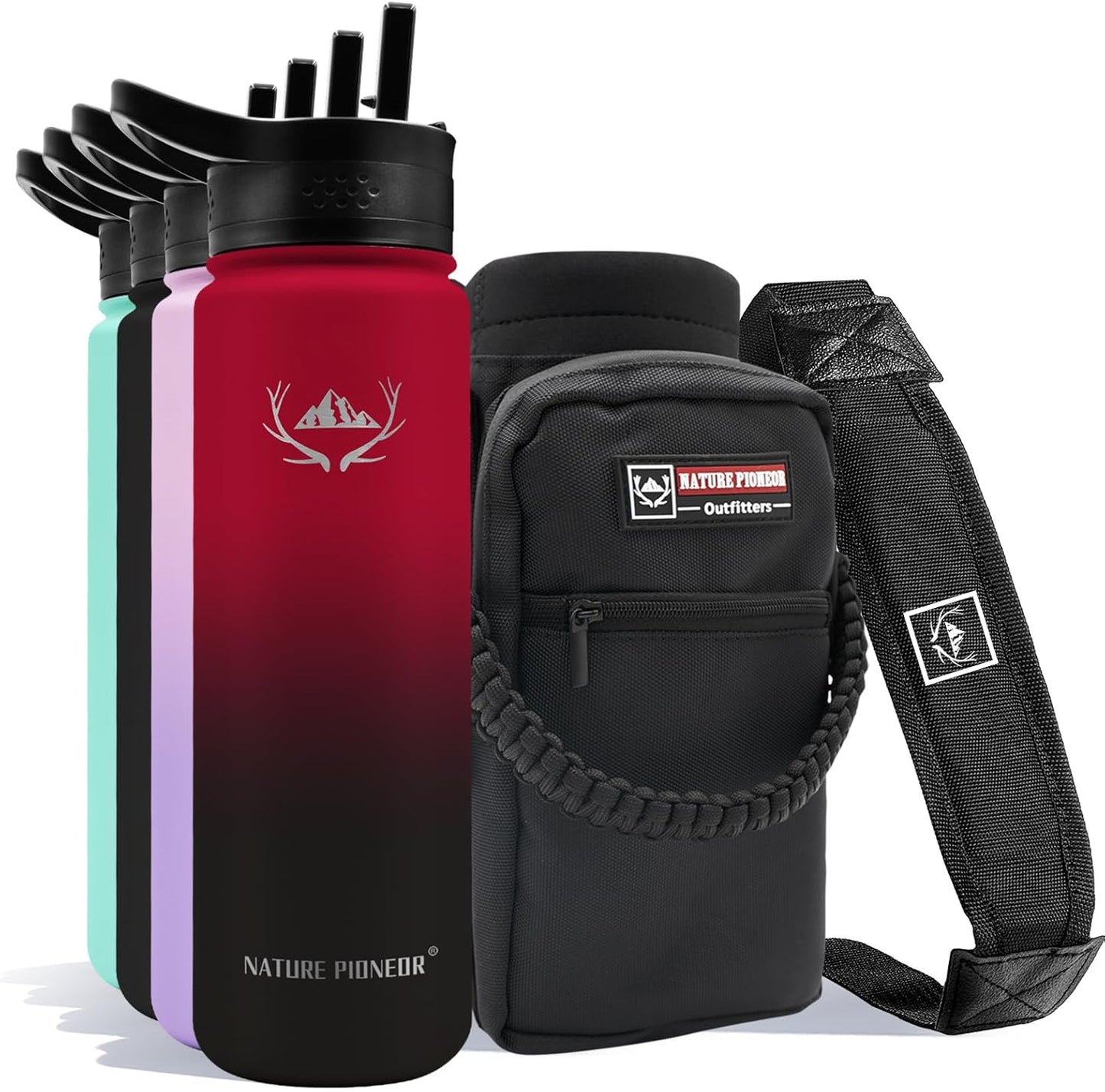 NATURE PIONEOR Insulated Water Bottles with Straw - 24oz Stainless Steel Vacuum Bottle with Holder/Carrier/Sleeve - Reusable 18/8 Food Grade 24 oz Water Jug