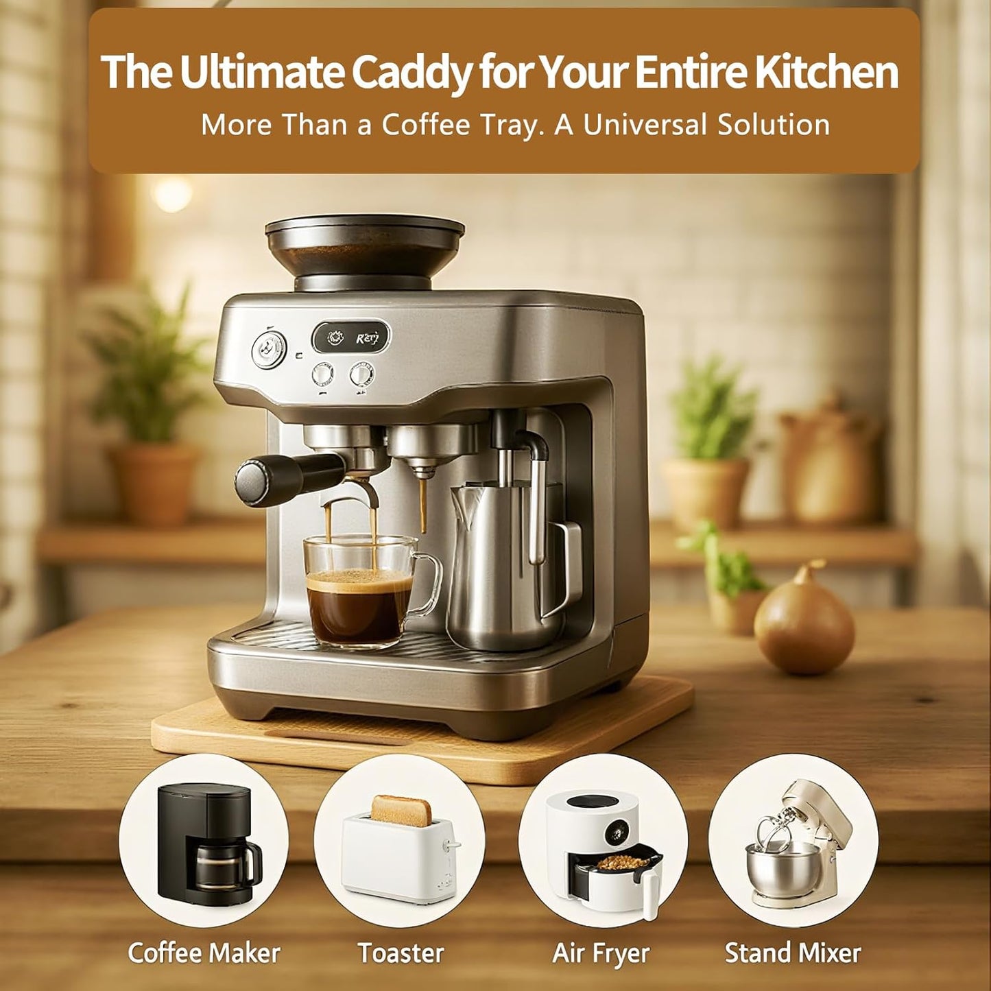 Sliding Tray for Coffee Maker, Appliance Slider Bamboo with Rubber Wheels for Heavy Kitchen Appliances, Coffee Pot Slider Tray for Countertop(14"D x 9.5"W)