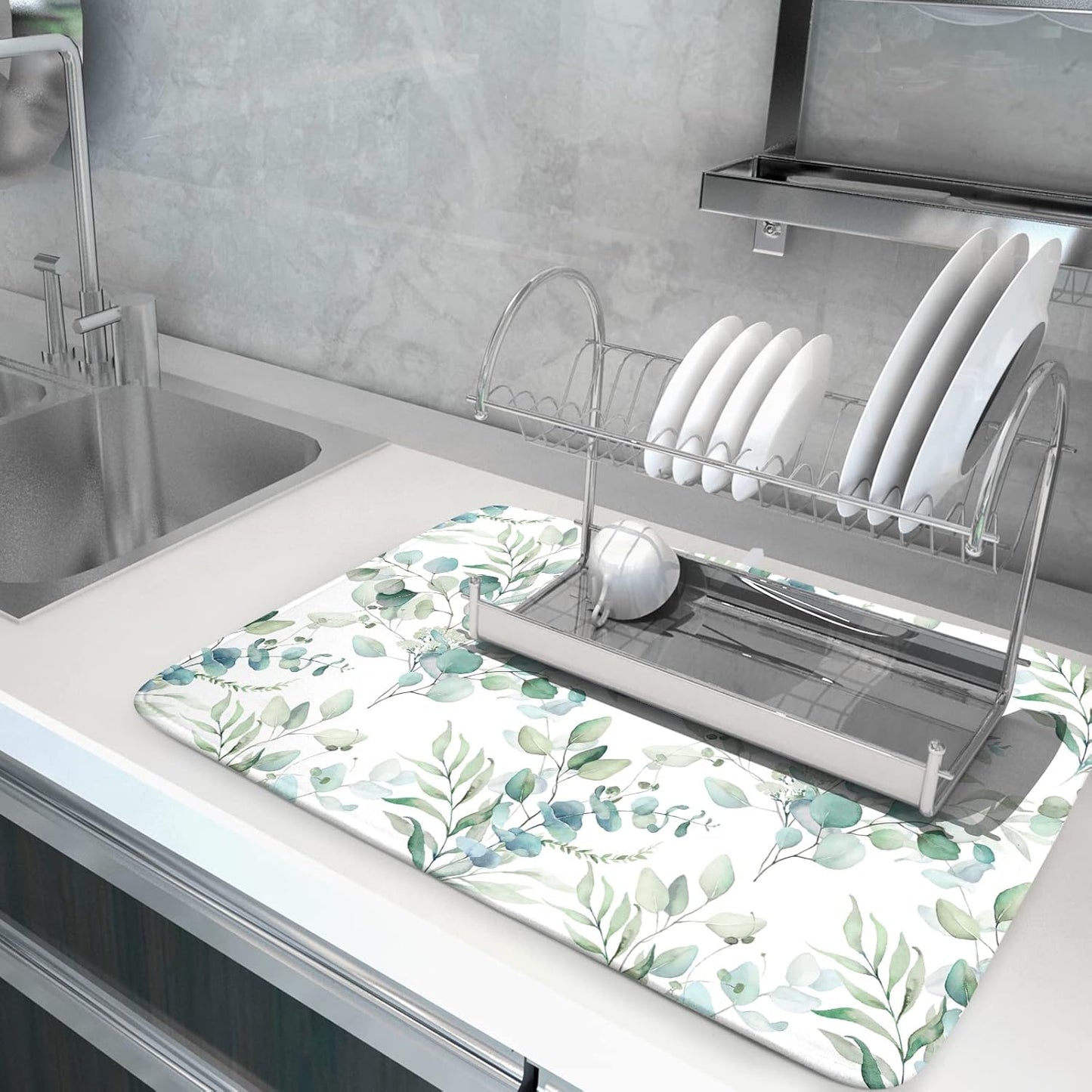 Sage Green Leaves Dish Drying Mats for Kitchen Counter 18x24 Inch, Leaves Kitchen Drying Mat,Watercolor Herbs Dishes Pad Dish Drainer Rack Mats Absorbent Fast Dry Kitchen Accessories