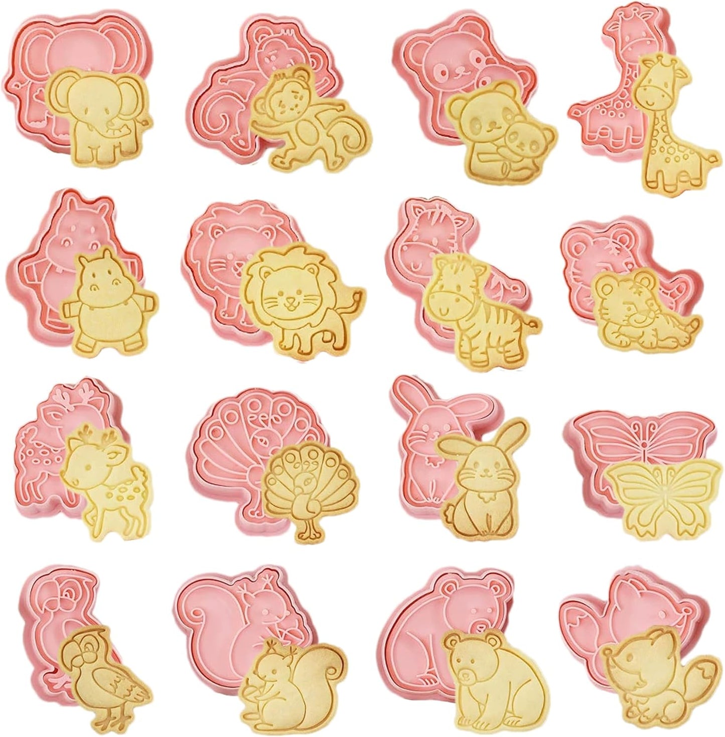 16pcs Animal Cookie Cutter Stamps Set, Lion, Panda, Forest Themed Plunger Stampers for Baking, Plastic Biscuit Molds for DIY Cookies, Cake Decor(J16)