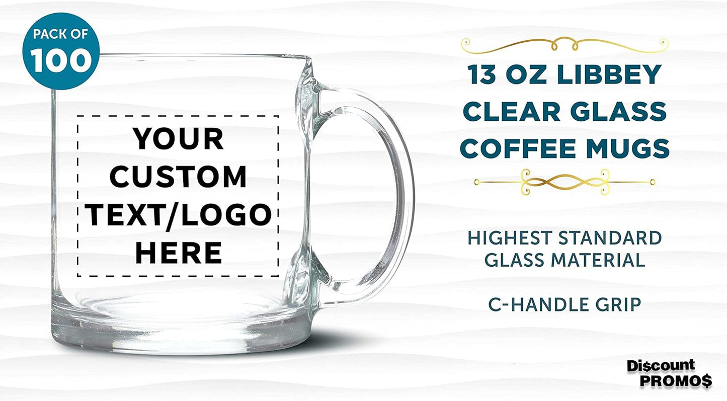 Custom Libbey Clear Glass Coffee Mugs 13 oz. Set of 100, Personalized Bulk Pack - Perfect for Coffee, Tea, Espresso, Hot Cocoa, Other Beverages - Clear Bottom