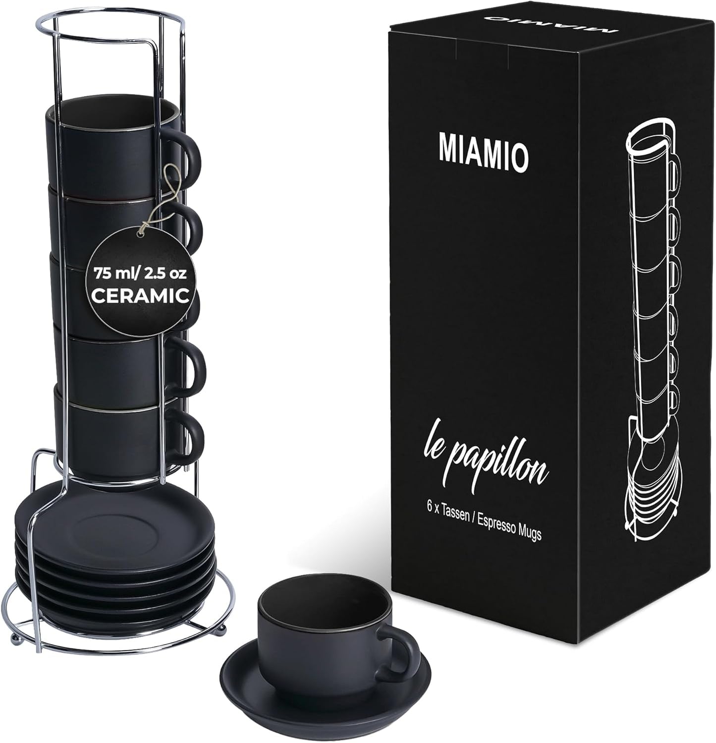 MIAMIO - 2.5 oz Espresso Cup Set with Saucers Coffee Mug Set of 6 - Ceramic Coffee Mug Stackable Espresso Mug with Stand for Coffee Drinks, Latte, Cafe Mocha - Le Papillon Collection (Black)