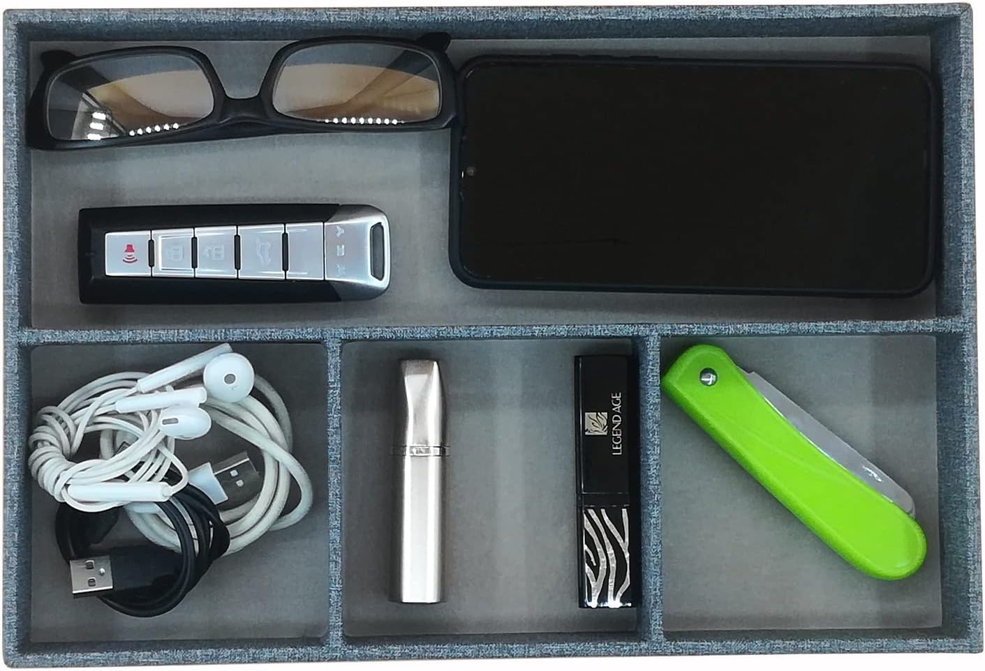 Desktop Storage Organizer, Bedside Table or Storage rack Leather Tray, Valet Tray, Dresser Organizer, 4 Compartments,PU Leather Drawer Storage Organizer Decorative Trays. (gray)